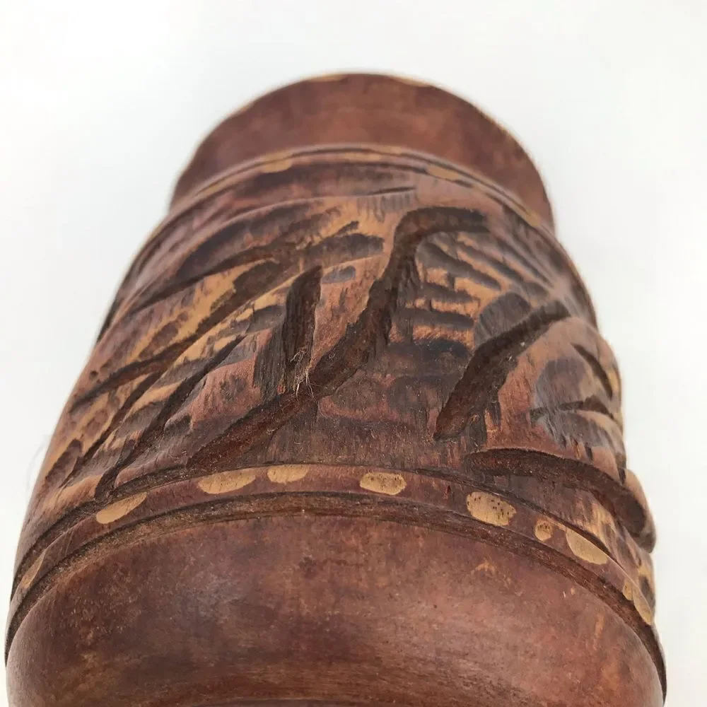 Wood Hand Carved Brown Turned Pedestal  Vase